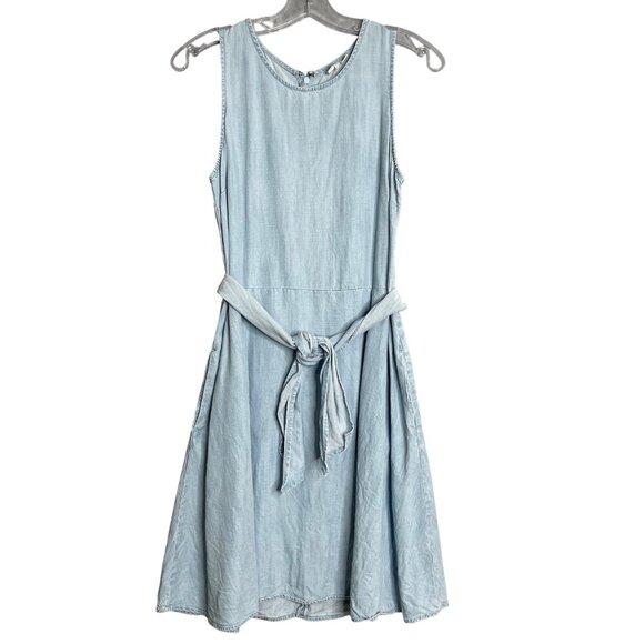 GAP Dresses & Skirts - Gap Fit And Flare Dress Womens S Blue Chambray Pockets Tie Preppy Sleeveless
